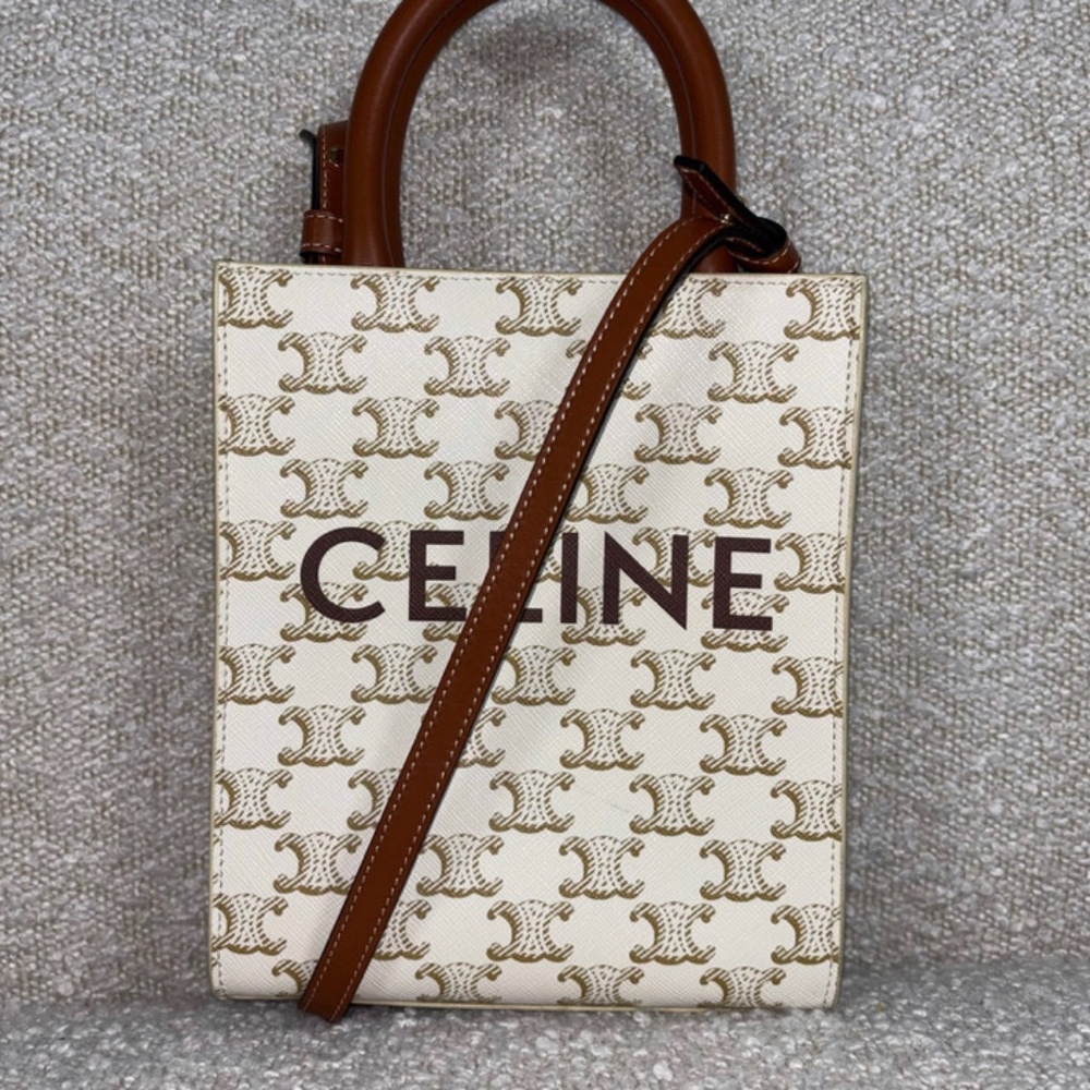 Authentic Pre-Owned Celine White/Brown Leather/Canvas Mini Triomphe Cabas Tote